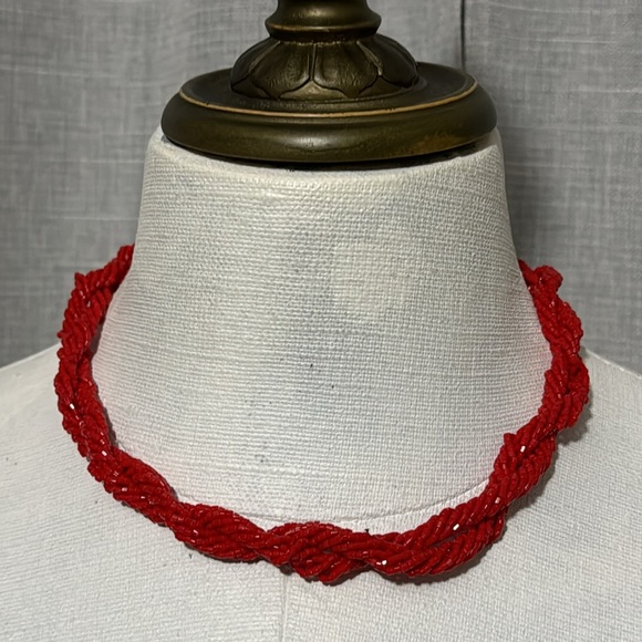Beaded Necklace and Bracelet Set-Red Seed Beads-Multi Strand Twisted Details-EUC - Picture 8 of 14